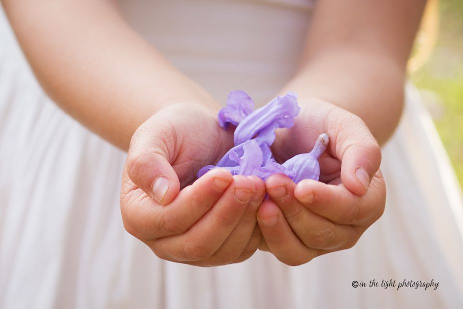 jacaranda lined street with a family