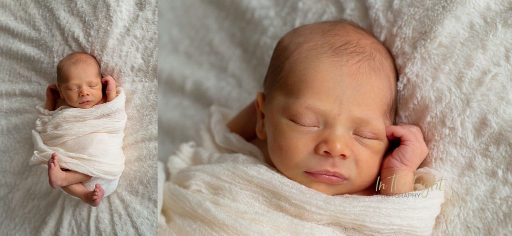 Newborn baby boy wrapped in white during his newborn session in Centurion.