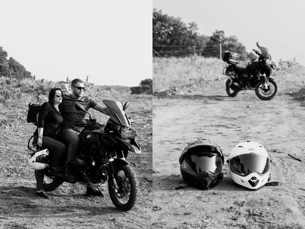 Black and white photo of a couple on their motorbike during their family photo session in Pretoria.