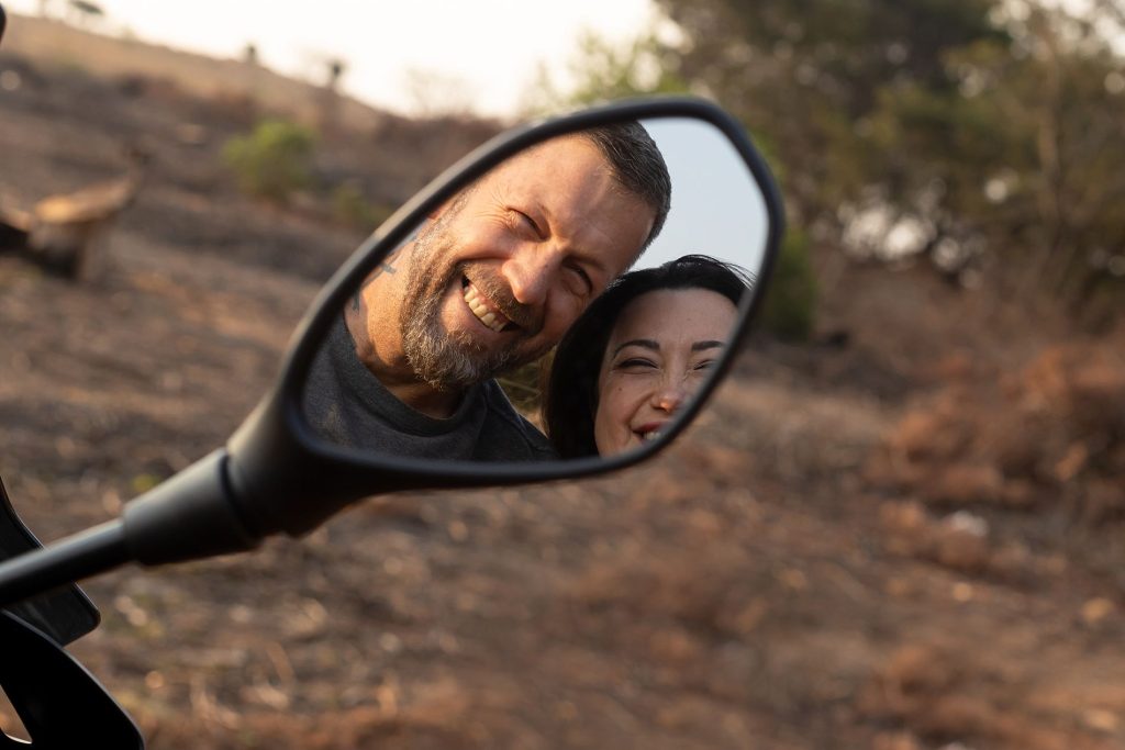 A couple posing on their beautiful motorbike during a family photo session in Pretoria.