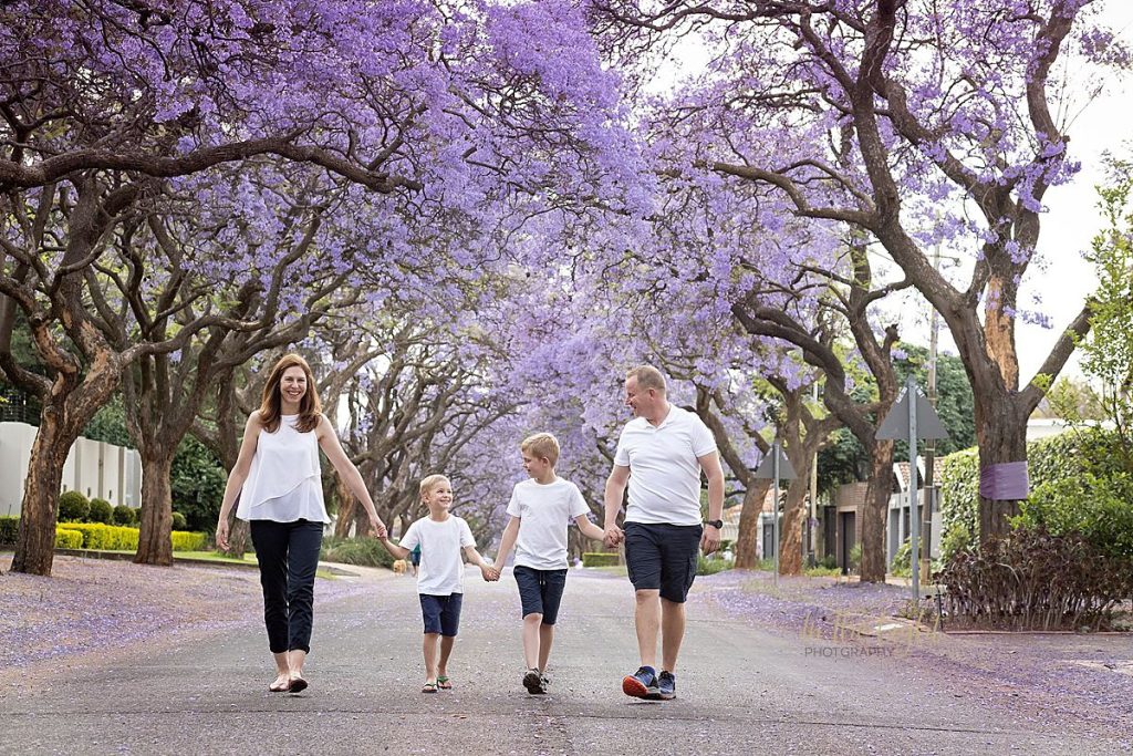 A happy family walking under purple Jacaranda trees in Pretoria.