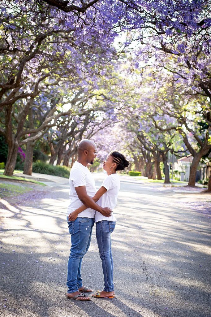 A couple during their Jacaranda photo session in Pretoria.