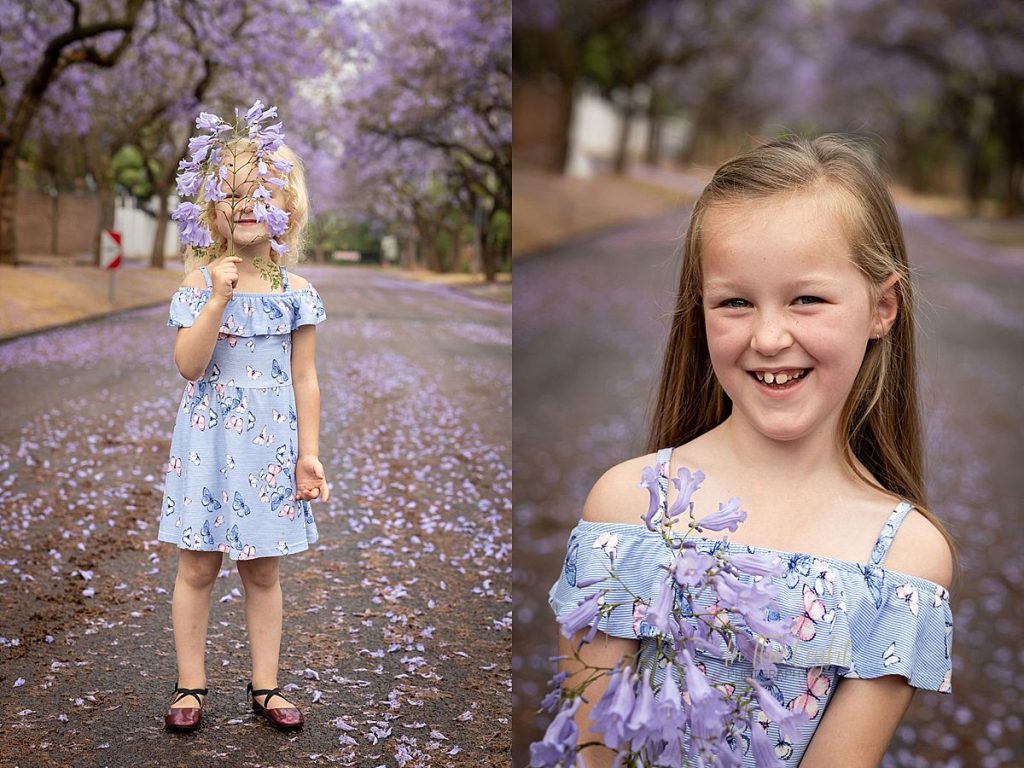Siblings smiling and posing with Jacaranda blooms during a photo shoot in Pretoria.